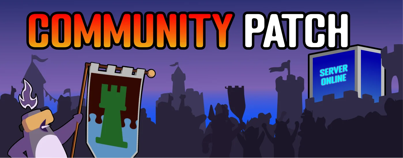 Community Patch. A penguin in a VR headset raises a heraldry banner with a green tower on it, in front of a crowd of silhouetted puzzlers and castle towers, while a big server on the battlements glows with the words Server Online.