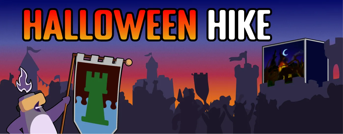 Halloween Hike. A penguin in a VR headset raises a heraldry banner with a green tower on it, in front of a crowd of silhouetted puzzlers and castle towers at sunset, while a screen on the battlements shows a cabin glowing in dark woods under a crescent moon.