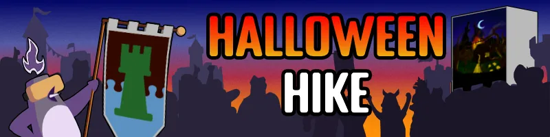 Halloween Hike. A penguin in a VR headset raises a heraldry banner with a green tower on it, in front of silhouetted puzzlers at sunset, beside a screen showing a cabin glowing in dark woods under a crescent moon.