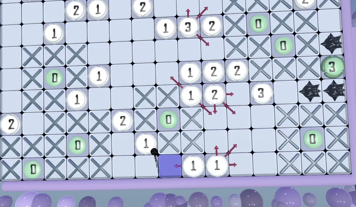 A ghost mark being dragged from a number clue onto one of its neighbouring cells, with the translucent preview overlay showing where the mark will land under the controller tip.