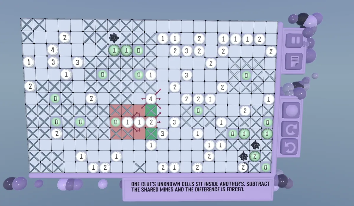 The hint panel open on an overlap hint. Its caption explains what the two clues share, and on the board the cells they overlap are picked out in red and green.