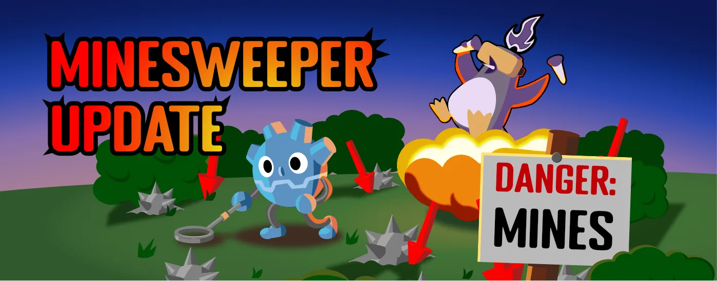 Minesweeper Update. A blue puzzle ball sweeps a field of spiky mines with a metal detector while a penguin is launched skyward by an explosion, next to a sign reading Danger: Mines.