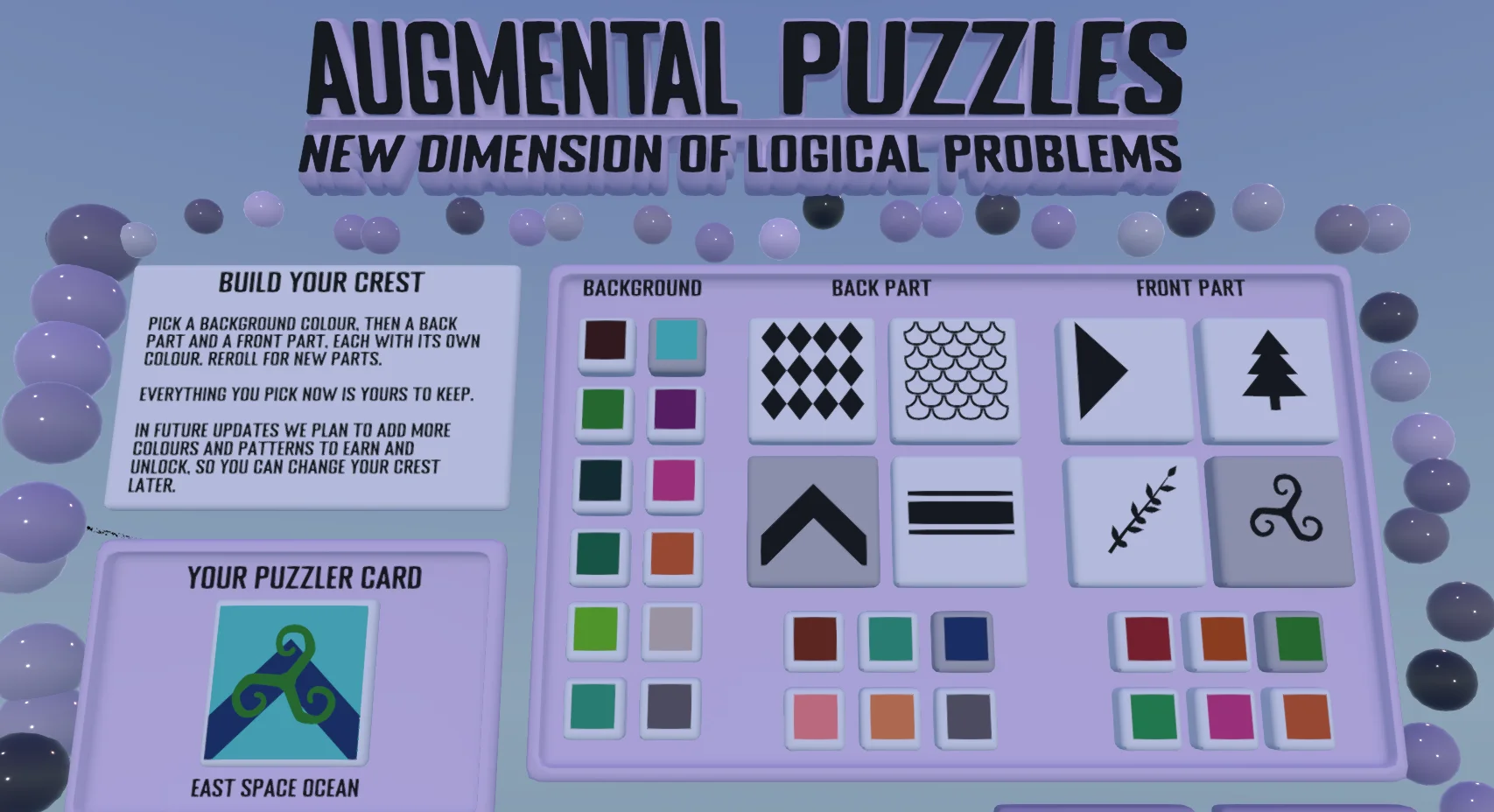 The Build Your Crest screen under the Augmental Puzzles title. A tray offers background colours, back parts such as diamonds, scales, a chevron and bars, and front parts such as an arrow, a tree, a branch and a triskele, each with its own colour swatches. Beside it the Puzzler Card preview shows a green triskele on a blue chevron over teal, named East Space Ocean.