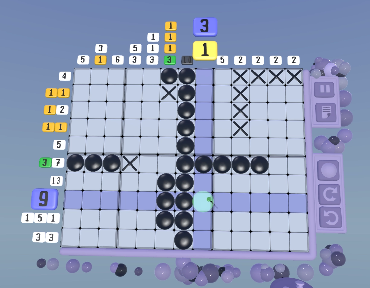 A nonogram mid-solve. Several 1 clues glow yellow, a 3 at the start of a row is green where its run is boxed in by the board edge and a cross, a column clue of 10 has gone grey with its column fully filled, and the remaining clues are still white.