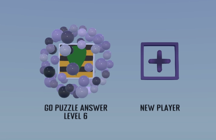 The save picker. On the left a cluster of purple puzzle balls surrounds a crest of a green shield on black and gold stripes, labelled Go Puzzle Answer, Level 6. On the right a purple plus in a square is labelled New Player.