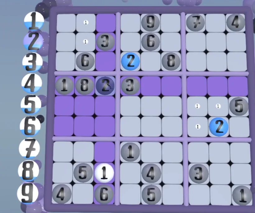 A Sudoku board mid-solve with the number tally running down its left side. The board is highlighting the twos, and the tally ball for 2 has lit up to match while the rest stay pale.