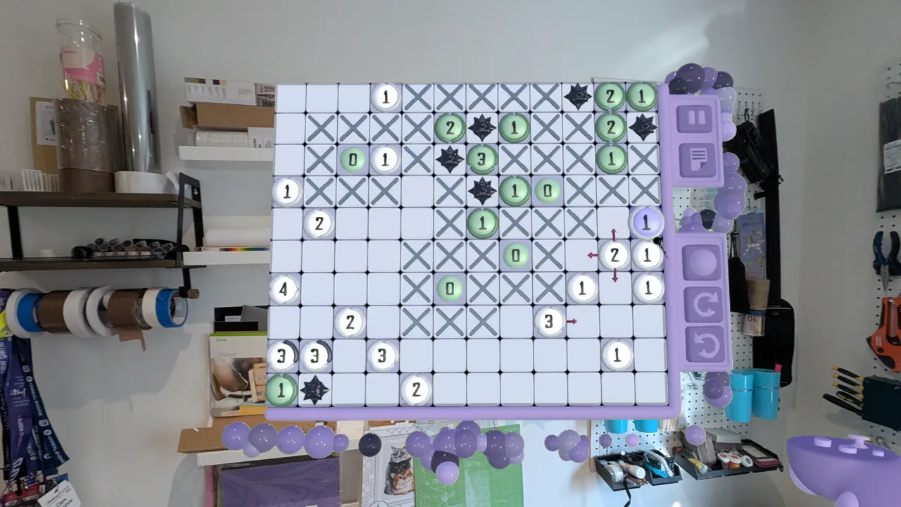 A Minesweeper board mid-solve: every clue visible from the start, mines marked, safe cells crossed off and satisfied clues lit green.