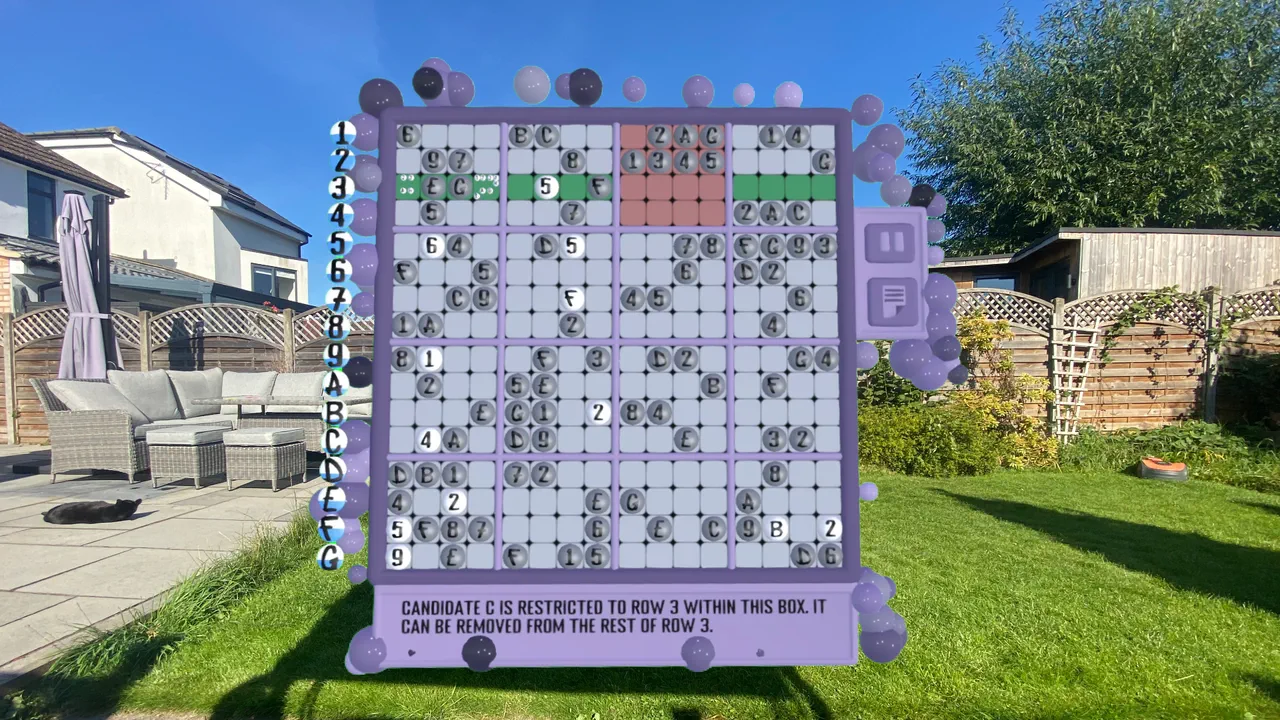 A 16x16 Sudoku board standing on the lawn at full height, with a hint lighting the cells that matter.