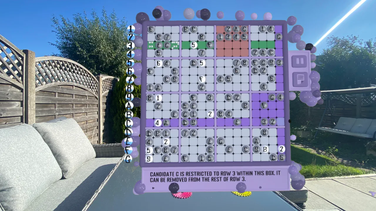 Close on the same 16x16 board: the hint names the technique in plain English, &ldquo;candidate C is restricted to row 3 within this box&rdquo;.