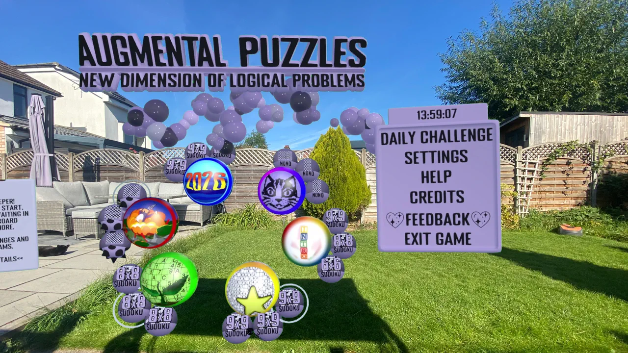 The Augmental Puzzles title screen in passthrough: puzzle balls and the main menu floating over a sunlit garden.